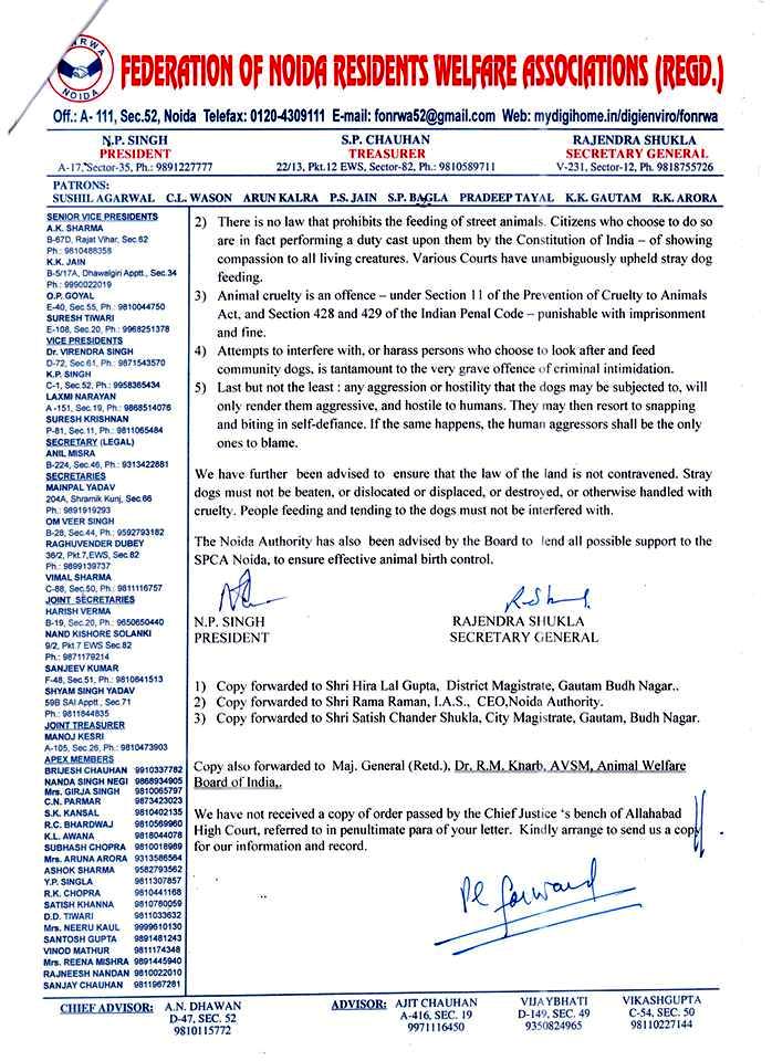 Noida Federation instructions to RWAs regarding street dogs_Page 2 of the Letter